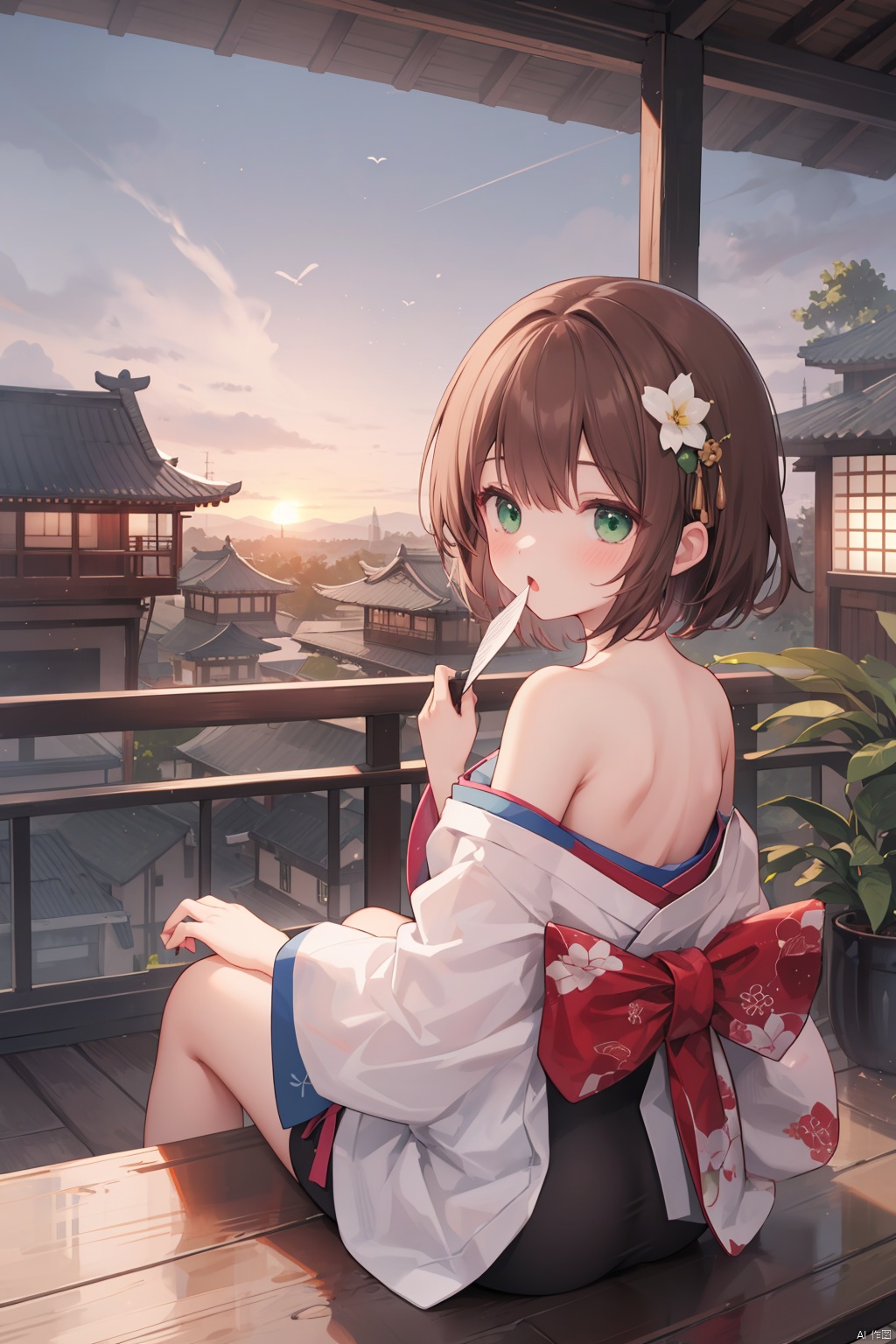 multiple_girls, east_asian_architecture, architecture, outdoors, brown_hair, multiple_boys, lantern, sky, 6+girls, green_eyes, short_hair, japanese_clothes, bare_shoulders, looking_at_viewer, kimono, cloud, off_shoulder, hair_ornament, paper_lantern, sitting, festival, riding, sunset, blush, looking_back, finger_to_mouth, :o, building, pagoda