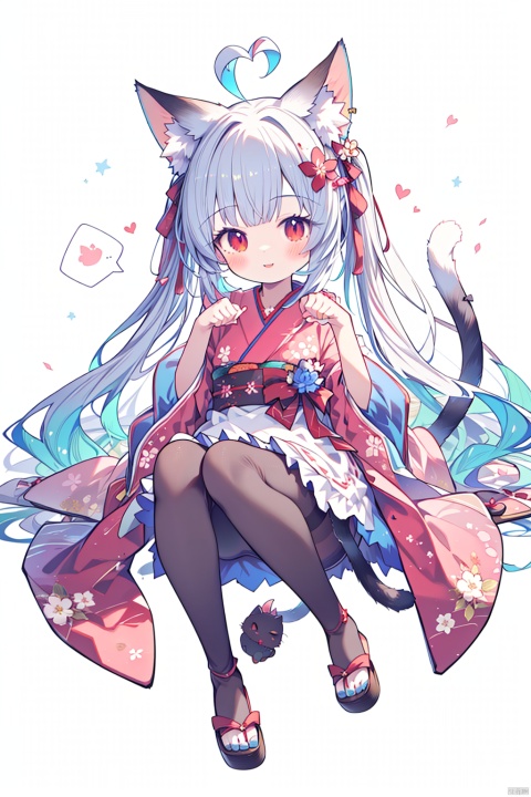  (best quality),(masterpiece),tail ornament, 1girl, pantyhose, hair ornament, tail, looking at viewer, red eyes, bangs, wide sleeves, tail ribbon, animal ears, no shoes, flower, spoken heart, paw pose, cat ears, heart, hair flower, twintails, red flower, japanese clothes, tassel, blush, cat tail, solo, kimono, bow, long hair, full body, apron, long sleeves, extra ears, red bow, parted lips, smile, black bow, tail bow, hands up, pink kimono, animal ear fluff, cat