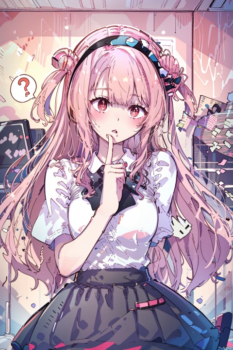  (best quality),(masterpiece),1girl, black skirt, skirt, shirt, two side up, black hairband, bangs, pink hair, white shirt, black bow, very long hair, short sleeves, holding, hair bow, long hair, spoken question mark, parted lips, 1boy, hairband, bow, red eyes, blush, medium breasts, black hair, ?, breasts, looking at viewer, closed eyes, hands up, virtual youtuber, hair intakes