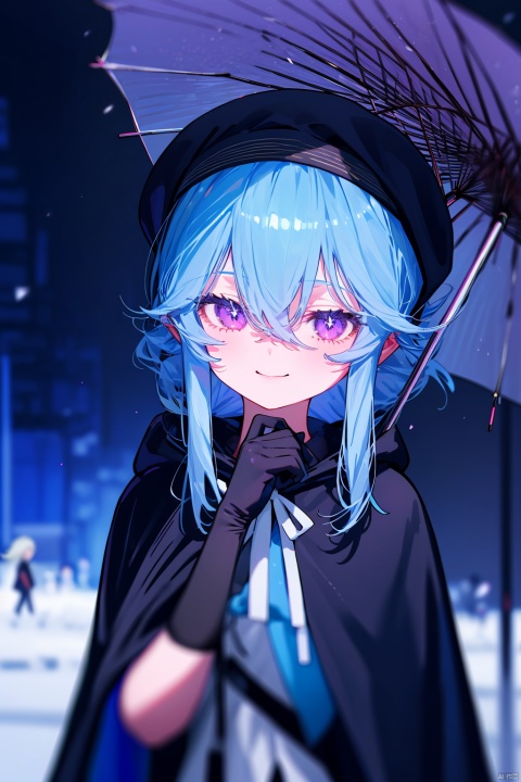  1boy, 1girl, androgynous, virtual youtuber, solo, best quality, blurry background, upper body, male focus, looking at viewer, holding umbrella, smile, closed mouth, pink eyes, hair between eyes, purple eyes, blue hair, short hair with long locks, long hair, sidelocks, bangs, breasts, black gloves, elbow gloves, blue gloves, black shirt, blue cloak, white cloak, hooded cloak, hood down, black ribbon, blue headwear, otoko no ko, infection monitor \(arknights\), beret, hand up, blue neckerchief, hands up, blurry foreground, depth of field, motion blur, chromatic aberration