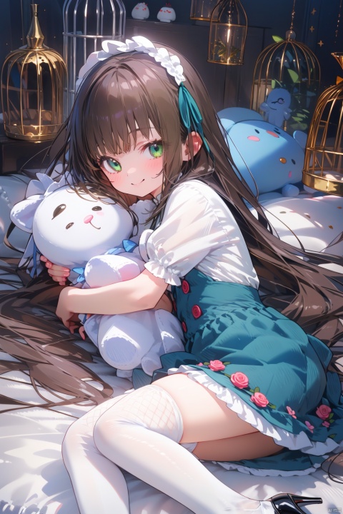 cage, birdcage, 1girl, green_eyes, long_hair, solo, dress, thighhighs, fishnet_thighhighs, fishnets, high_heels, rose, flower, stuffed_toy, puffy_sleeves, blue_rose, short_sleeves, very_long_hair, frills, ribbon, stuffed_animal, puffy_short_sleeves, lying, smile, brown_hair, blue_flower, hugging_object, on_side