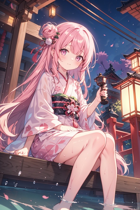 1girl, long hair, solo, pink hair, looking at viewer, lantern, water, bangs, sitting, long sleeves, wet, holding lantern, barefoot, very long hair, pink eyes, in water, japanese clothes