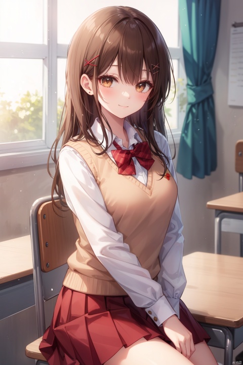 solo, 1girl, desk, skirt, brown hair, smile, curtains, shirt, indoors, red skirt, hair ornament, window, white shirt, looking at viewer, blush, long sleeves, school desk, school uniform, bow, closed mouth, long hair, sweater vest, brown eyes, red bow, pleated skirt, hairclip, collared shirt, bowtie, chair, x hair ornament, sunlight, classroom, backlighting, red bowtie