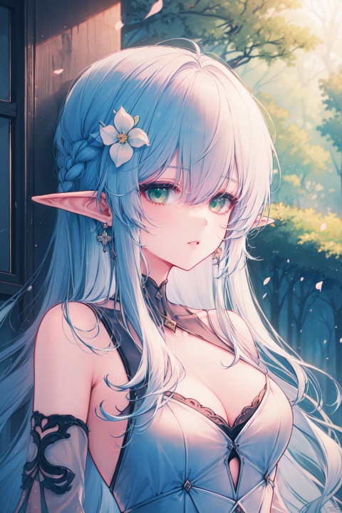  (masterpiece),(best quality),1girl, flower, breasts, solo, pointy ears, braid, pink flower, hair ornament, cleavage, long hair, parted lips, hair flower, petals, bare shoulders, green eyes, dress, upper body, white flower, detached sleeves, bangs, white hair, medium breasts, white dress, sidelocks, outdoors, nature, sunlight, elf, earrings, tree, jewelry, day, hair between eyes, forest