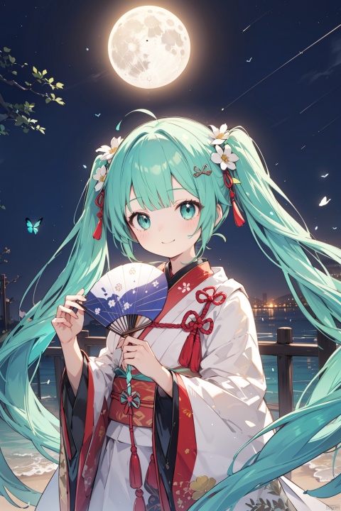 1girl, flower, paper fan, uchiwa, solo, hatsune miku, hand fan, long hair, holding, hair flower, hair ornament, shawl, chinese clothes, hagoromo, holding fan, butterfly, hanfu, bug, twintails, very long hair, wide sleeves, looking at viewer, moon, night, long sleeves, sky, white flower, bangs, aqua hair, smile, tassel, night sky, full moon