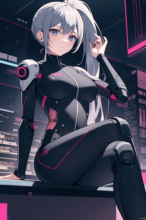  (best quality),(masterpiece),1girl, crossed legs, long hair, breasts, solo, sitting, barcode, ponytail, grey hair, barcode tattoo, android, cyberpunk, joints, medium breasts, bodysuit, bangs, robot joints