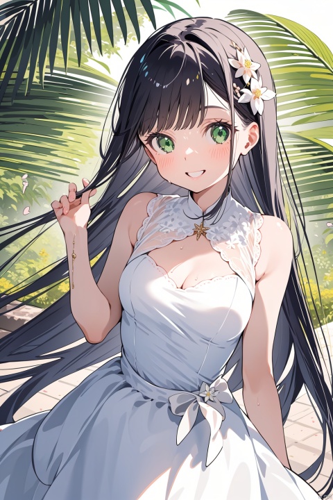 1girl, solo, dress, long_hair, white_dress, bird, green_eyes, breasts, sleeveless_dress, looking_at_viewer, very_long_hair, smile, bangs, sleeveless, leaf, cleavage, hair_ornament, medium_breasts, tree, flower, bare_shoulders, blush, hand_up