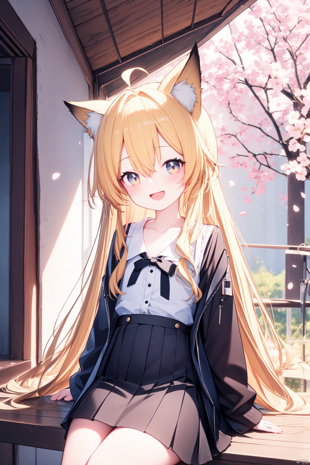  (masterpiece),(best quality),1girl, solo, animal ears, smile, tail, sitting, outdoors, fox ears, fox tail, looking at viewer, long hair, blonde hair, skirt, animal ear fluff, ahoge, long sleeves, :d, bangs, shirt, day, cherry blossoms, very long hair, black skirt, blush, petals, pleated skirt, fox girl, hair between eyes, collarbone, tree, open mouth