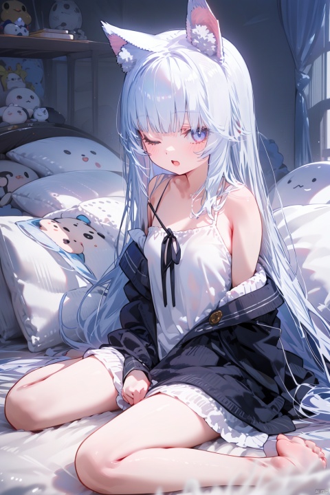 1girl, solo, long_hair, one_eye_closed, sitting, open_mouth, barefoot, wariza, animal_ears, shirt, white_hair, off_shoulder, breasts, long_sleeves, black_shirt, looking_at_viewer, bare_shoulders, pillow, very_long_hair