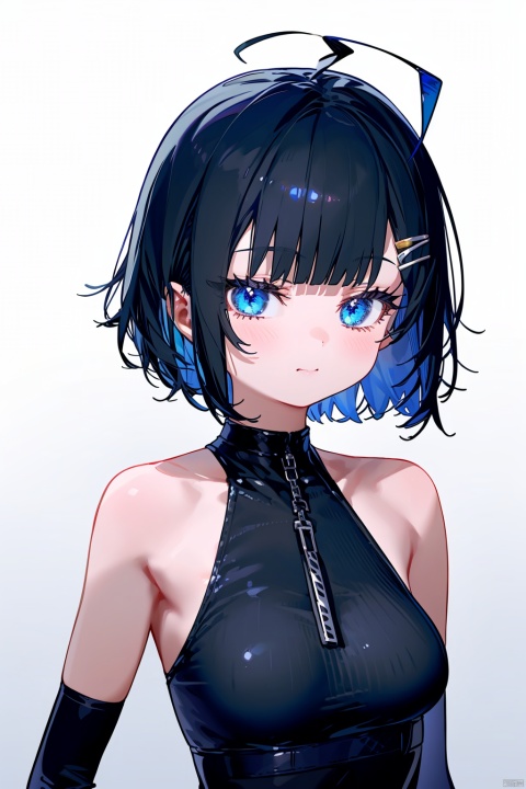 1girl, la pluma \(arknights\), solo, gloves, fingerless gloves, blue eyes, upper body, black gloves, looking at viewer, black hair, breasts, bare shoulders, short hair, hair ornament, medium breasts, sleeveless, hair intakes, closed mouth, shirt, ahoge, sleeveless shirt, hairclip