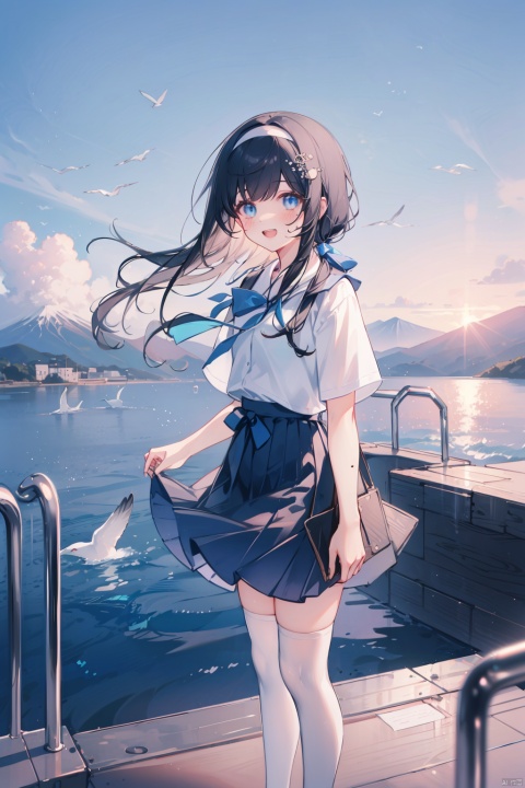  1girl, solo, best quality, detailed, looking at viewer, standing on liquid, blush, open mouth, upper teeth only, blue eyes, mole under eye, long hair, black hair, hair ornament, blunt bangs, twintails, hairband, white shirt, white thighhighs, blue skirt, collared shirt, hakama short skirt, pleated skirt, white legwear, short sleeves, outdoors, day, paper airplane, blue sky, mountain, railing, zettai ryouiki, blue bow, ocean, horizon, boat, beach, cloudy sky, lake, shore, earth \(planet\), seagull, pier, pool, lighthouse, waves, dock, mount fuji, river, :d, warship, space