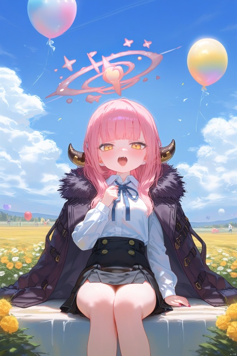 1girl, solo, aru \(blue archive\), balloon, shirt, horns, pink hair, white shirt, long hair, halo, skirt, flower, long sleeves, open mouth, sky, black skirt, outdoors, sitting, fur trim, neck ribbon, cloud, coat on shoulders, coat, looking at viewer, collared shirt, blue sky, ribbon, day