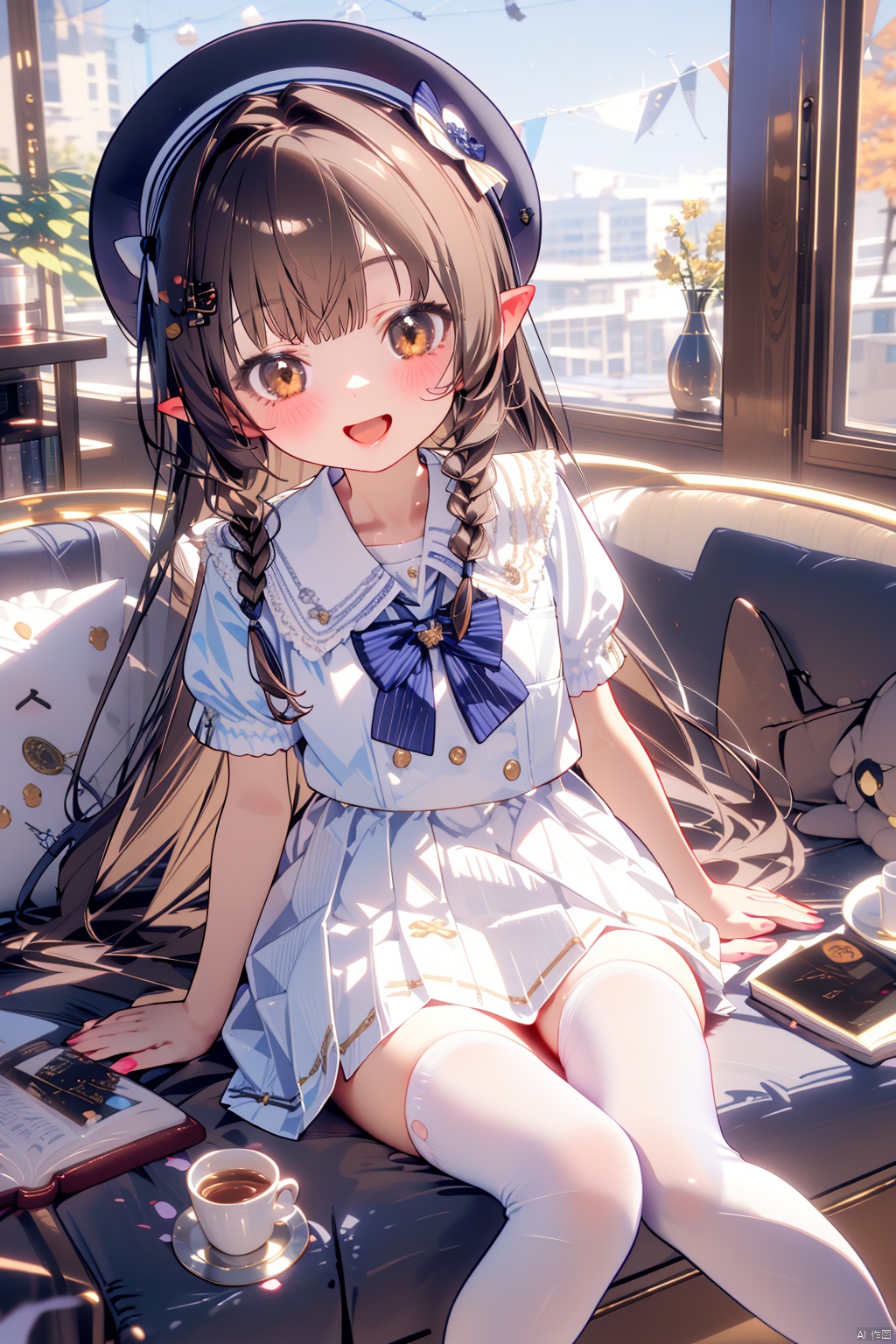long hair, skirt, 1girl, very long hair, blurry, sitting, short sleeves, shirt, looking at viewer, purple shirt, white skirt, pointy ears, white thighhighs, school uniform, smile, thighhighs, blurry background, braid, twin braids, brown hair, puffy short sleeves, pleated skirt, puffy sleeves, bow, brown eyes, sailor collar, open mouth, bowtie, solo, hat, purple bow, depth of field, blush, couch, :d, solo focus, purple bowtie, cup, blunt bangs, book, hair ornament