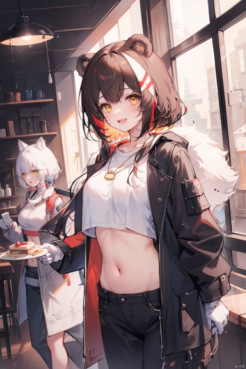  2girls, 3girls, 1girl, magallan \(arknights\), solo focus, best quality, cowboy shot, looking at viewer, standing, holding plate, holding food, open mouth, bear ears, yellow eyes, streaked hair, white hair, short hair, brown hair, long hair, bangs, large breasts, navel, white shirt, white gloves, pants, mask, coat, long sleeves, shoulder bag, official alternate costume, :d, midriff, nejiri hachimaki, stomach, indoors, fruit, crop top, cake slice, hand up, open fly, keychain, window, handbag