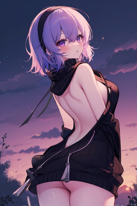  1girl, hassan of serenity \(fate\), solo, pseudo impasto, best quality, beautiful, cowboy shot, from behind, looking at viewer, looking back, holding weapon, blush, dark-skinned female, parted lips, purple eyes, hair between eyes, purple hair, short hair, black hairband, bangs, small breasts, medium breasts, sideboob, butt crack, sweater dress, virgin killer sweater, turtleneck sweater, black sweater, naked sweater, ribbed sweater, backless dress, bare shoulders, knives between fingers, bare back, kunai, arched back, halterneck, cloudy sky, drawstring