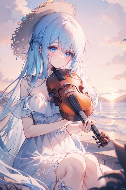  1girl, solo, impasto, best quality,depth of field,aesthetic, detailed, scenery, sitting, holding instrument, blue eyes, long hair, cleavage, white dress, strapless dress, straw hat, bare shoulders, ribbon, violin, playing instrument, cloudy sky, sunset, twilight, ocean, blue sky, evening, outdoors, orange sky, sunrise, mountainous horizon, gradient sky
