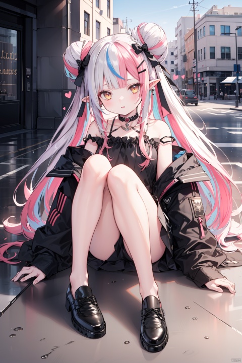  (best quality), (masterpiece),1girl, black footwear, sitting, long hair, double bun, jacket, solo, multicolored hair, shoes, hair bun, hair ornament, outdoors, black bow, looking at viewer, can, bangs, off shoulder, open jacket, white jacket, very long hair, parted lips, streaked hair, hair bow, open clothes, holding, bow, hairclip, pink hair, white hair, building, heart, bare shoulders, skirt, virtual youtuber, long sleeves, sleeves past wrists, choker, yellow eyes, black shirt, see-through, jewelry, earrings, shirt, full body, bare legs, holding can, pointy ears
