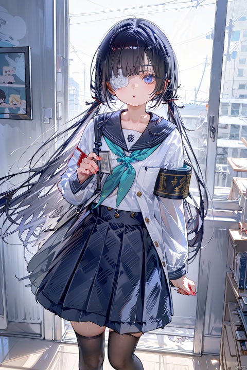 1girl, solo, thighhighs, school uniform, twintails, skirt, broken glass, long hair, eyepatch, low twintails, holding, black thighhighs, looking at viewer, sailor collar, serafuku, green neckerchief, blue eyes, pleated skirt, armband, book, long sleeves, bangs, neckerchief, glass, standing, black hair, zettai ryouiki, shirt, holding book, collarbone