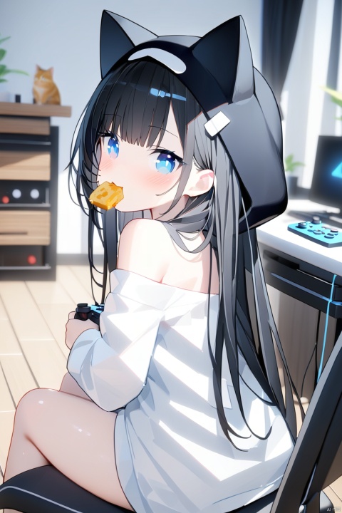 (best quality),(masterpiece),1girl, long_hair, sitting, blue_eyes, food, blurry, holding, controller, black_hair, looking_at_viewer, depth_of_field, indoors, blurry_background, bangs, blush, game_controller, chair, mouth_hold, bare_shoulders, animal_on_lap, shirt, curtains, holding_controller, solo, wooden_floor, animal_hood, food_in_mouth, white_shirt, looking_back, cat, on_lap, off_shoulder, hood, looking_to_the_side