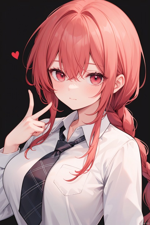 makima \(chainsaw man\), solo, 1girl, shirt, black necktie, necktie, white shirt, red hair, looking at viewer, ringed eyes, collared shirt, braid, long sleeves, upper body, index finger raised, sidelocks, closed mouth, breasts, red eyes, braided ponytail