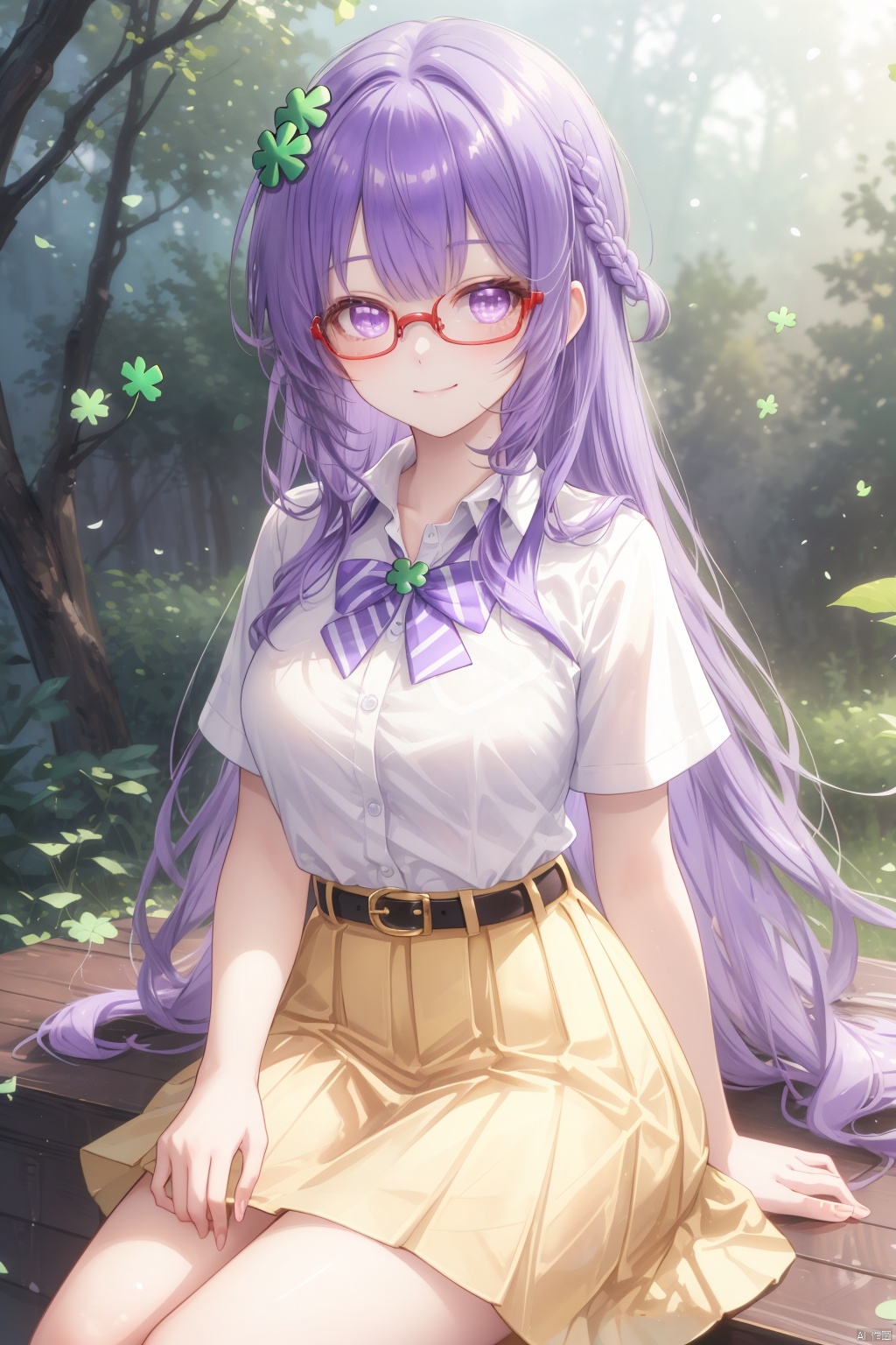 clover, 1girl, four-leaf clover, yellow skirt, skirt, solo, white shirt, shirt, long hair, smile, sitting, clover hair ornament, glasses, hair ornament, short sleeves, purple eyes, semi-rimless eyewear, purple hair, outdoors, looking at viewer, nature, belt, red-framed eyewear, closed mouth, four-leaf clover hair ornament, under-rim eyewear, very long hair, holding, long skirt, forest, blurry, day, breasts, blurry background, virtual youtuber