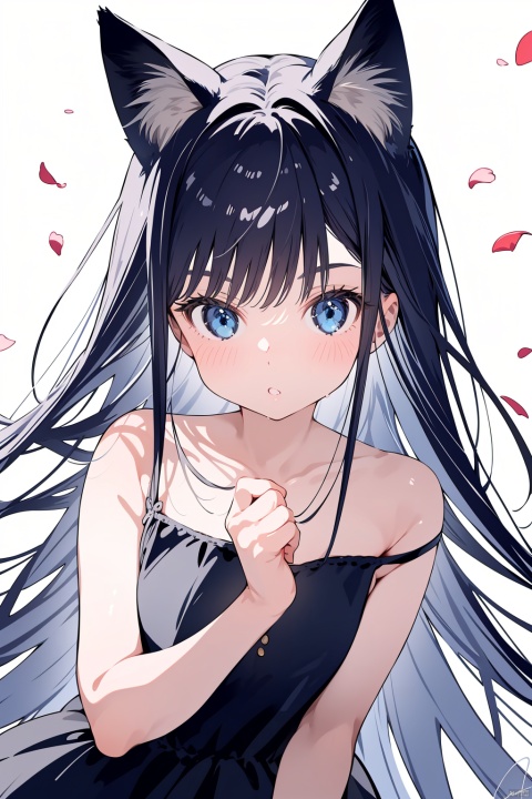 1girl, solo, animal ears, blue eyes, long hair, blurry foreground, parted lips, depth of field, bare shoulders, white background, strap slip, animal ear fluff, colored eyelashes, blurry, bangs, cat ears, sleeveless dress, signature, looking at viewer, sleeveless, dress, upper body, simple background, petals, black dress, collarbone, 