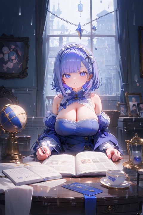  1girl, ouro kronii, virtual youtuber, solo, impasto, oil painting, best quality, sitting, blue eyes, blue hair, short hair, purple hair, hair intakes, bangs, large breasts, cleavage cutout, detached sleeves, halo, clock, book, candle, table, hourglass, cat, teacup, headband, bird, chair, indoors, chain, globe, blue bow, rain, air bubble