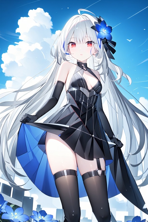  (best quality),(masterpiece),1girl, long_hair, red_eyes, thighhighs, solo, dress, breasts, gloves, hair_ornament, elbow_gloves, flower, hair_flower, black_dress, black_thighhighs, black_gloves, blue_flower, standing, sleeveless_dress, looking_at_viewer, sleeveless, hair_between_eyes, thigh_boots, black_footwear, sky, outdoors, bangs, very_long_hair, full_body, white_hair, ahoge, medium_breasts, bare_shoulders, cloud, cloudy_sky, thigh_strap, boots
