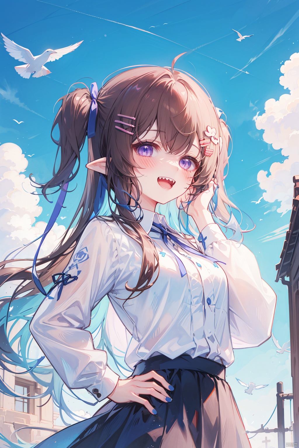 purple eyes, shirt, long hair, skirt, white shirt, pointy ears, long sleeves, smile, blue hair, black ribbon, looking at viewer, ribbon, black skirt, collared shirt, open mouth, bird, blush, hair ornament, very long hair, pleated skirt, teeth, neck ribbon, two side up, multiple girls, :d, purple nails, hand on own hip, hair ribbon, puffy long sleeves, nail polish, blue nails, puffy sleeves, blue sky, cloud, sharp teeth, sky, chibi, hand up, hand on own face, 1girl, hairclip, solo focus, brown hair, blue skirt