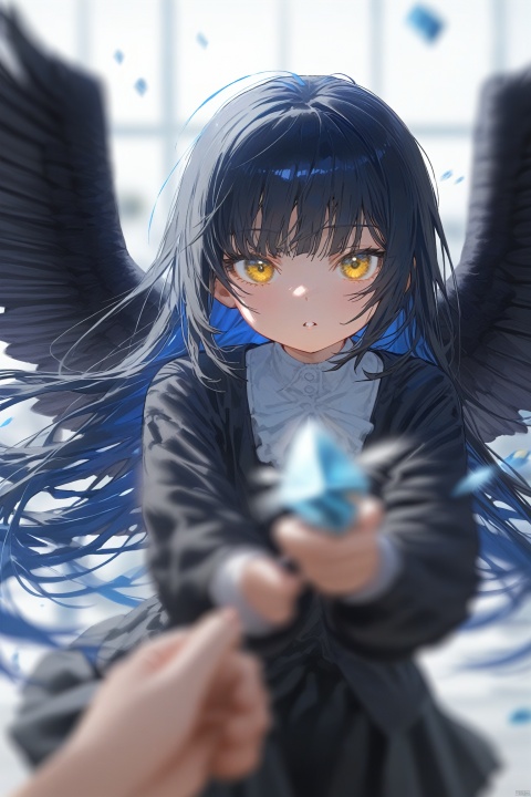  1girl, 1other, androgynous, solo, best quality, blurry background, looking at viewer, holding, parted lips, yellow eyes, long hair, blue hair, black hair, bangs, skirt, wings, blurry foreground, depth of field, motion blur, shards