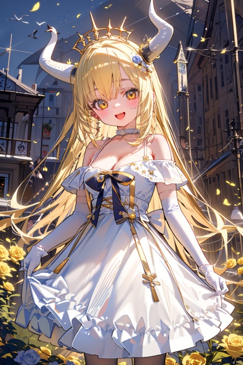  (best quality),(masterpiece),1girl, petals, solo, dress, blonde_hair, gloves, flower, skirt_hold, smile, bird, open_mouth, breasts, white_gloves, bow, elbow_gloves, looking_at_viewer, crown, :d, yellow_eyes, blush, bare_shoulders, yellow_flower, full_body, cleavage, hair_between_eyes, outdoors, jewelry, yellow_rose, rose, horns, choker