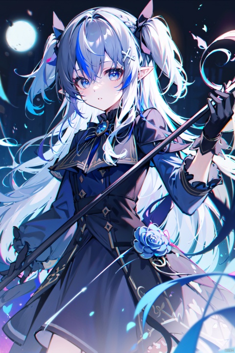  (bestquality),(masterpiece),1girl, solo, gloves, long hair, pointy ears, looking at viewer, holding, multicolored hair, streaked hair, braid, black gloves, white hair, blue hair, parted lips, bangs, blue eyes, shirt, hair ornament, one side up, ribbon, grey hair, staff, long sleeves, dress, holding staff,