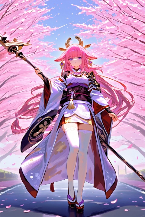 yae_miko, japanese_clothes, raiden_shogun, long_hair, multiple_girls, 2girls, pink_hair, purple_hair, purple_eyes, cherry_blossoms, wide_sleeves, animal_ears, purple_kimono, okobo, holding, breasts, weapon, detached_sleeves, braid, fox_ears, hair_ornament, kimono, electricity, jewelry, holding_weapon, nontraditional_miko, thighhighs, obi, bridal_gauntlets, polearm, looking_at_viewer, sash, sandals, sky, shoulder_armor, petals, holding_polearm, very_long_hair
