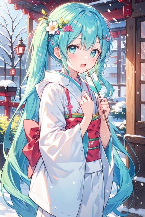 1girl, hatsune miku, yuki miku, japanese clothes, solo, long hair, kimono, holding, arrow \(projectile\), hood, wataboushi, open mouth, hamaya, wide sleeves, looking at viewer, twintails, uchikake, white kimono, green hair, hair ornament, snow, very long hair, bangs, flower, holding arrow