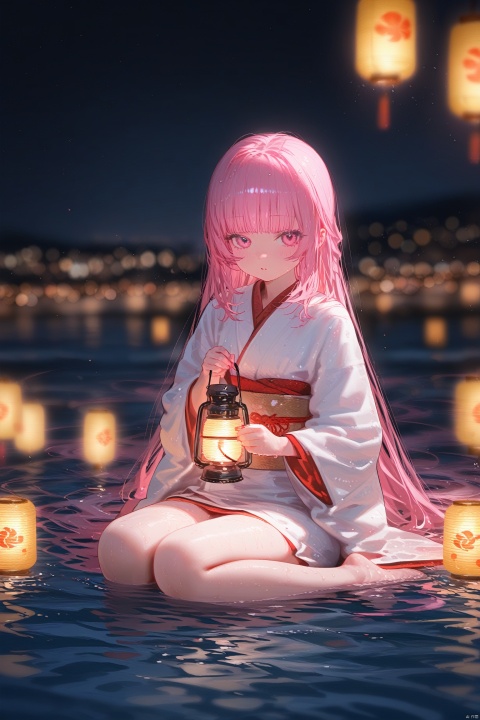  1girl, solo, best quality, detailed, blurry background, 1girl, long hair, solo, pink hair, looking at viewer, lantern, water, bangs, sitting, long sleeves, wet, holding lantern, barefoot, very long hair, pink eyes, in water, japanese clothes, blurry foreground, motion blur, focused, photo \(medium\), bokeh, glowstick, chromatic aberration, blur censor, film grain, 