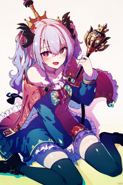  (best quality), (masterpiece),crown, 1girl, mini_crown, smile, thighhighs, long_sleeves, red_footwear, :d, open_mouth, holding, hair_between_eyes, pink_hair, frills, wings, horns, frilled_sleeves, solo, looking_at_viewer, stuffed_toy, sitting, stuffed_animal, choker, red_eyes, black_thighhighs, dress, fur_trim, long_hair,shoes, between_legs, staff, scepter, flower, collarbone, blush, red_cape, cape, wide_sleeves, demon_horns, ribbon, frilled_dress, holding_staff, demon_tail, hand_between_legs, sleeves_past_wrists