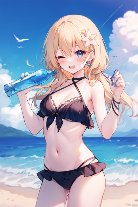 1girl, solo, swimsuit, outdoors, ramune, breasts, bottle, bikini, one eye closed, hair ornament, long hair, flower, blue eyes, hair flower, looking at viewer, smile, blonde hair, day, holding, jewelry, open mouth, holding bottle, cleavage, white bikini, navel, medium breasts, blurry, cloud, ocean, blue nails, earrings, frills, sky, halterneck,, frilled bikini, collarbone, ;d,blue sky, nail polish, cowboy shot, bare shoulders, string bikini, beach, depth of field, stomach, blush, blurry background, water, water bottle
