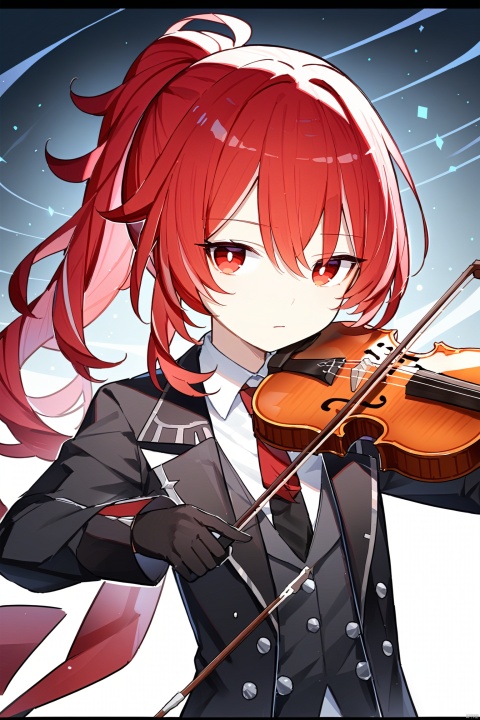  (best quality),(masterpiece),1boy, male_focus, diluc_(genshin_impact), red_hair, red_eyes, violin, instrument, gloves, long_hair, necktie, solo, playing_instrument, black_gloves, holding, bangs, shirt, red_necktie, music, closed_mouth, hair_between_eyes, upper_body, jacket, white_shirt, ponytail, long_sleeves, black_jacket, collared_shirt, bow_(music), letterboxed, looking_at_viewer, formal, vest, holding_instrument