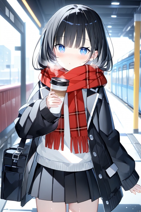  (best quality),(masterpiece),1girl, scarf, solo, skirt, red_scarf, black_hair, blue_eyes, cup, long_hair, jacket, twintails, holding, pleated_skirt, bag, bangs, black_jacket, black_skirt, disposable_cup, blurry_background, blurry, plaid_scarf, open_clothes, steam, long_sleeves, open_jacket, sleeves_past_wrists, holding_cup, school_uniform, blush, breath, sweater, plaid, fringe_trim, coffee_cup, looking_at_viewer, depth_of_field, school_bag, cowboy_shot, train_station