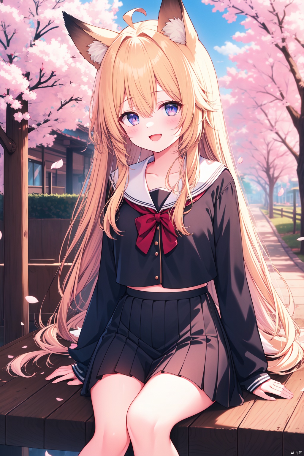  (masterpiece),(best quality),1girl, solo, animal ears, smile, tail, sitting, outdoors, fox ears, fox tail, looking at viewer, long hair, blonde hair, skirt, animal ear fluff, ahoge, long sleeves, :d, bangs, shirt, day, cherry blossoms, very long hair, black skirt, blush, petals, pleated skirt, fox girl, hair between eyes, collarbone, tree, open mouth