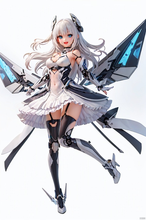  (best quality), (masterpiece), (highres),epic scenes,impactfulvisuals,senseofspace,(sciencefiction:1.3),天启姬,1girl,solo,Diving down over the village,blue eyes,long hair,mecha musume,white background,dress,open mouth,smile,white hair,looking at viewer,white dress,full body,breasts,bangs,mechanical legs,bare shoulders,thighhighs,boots,mechanical wings,wings,:d,Science fiction mechanical wings with fans,