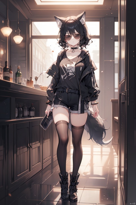 (female): solo,full body, (perfect face), (detailed outfit), (20 years old), cool female, (wolf ears), confident,black hair, short hair, curly hair, grey eyes, pale skin, large chest_circumference, (black jacket, grey shirt), (black shorts, black thighhighs), (sunglasses), (bracelet), (choker)

(background): from front, indoor, (bar), (counter), (stools), (bottles), (lights), evening, (clear)

(effects): (masterpiece), (best quality), (sharp focus), (depth of field), (high res)