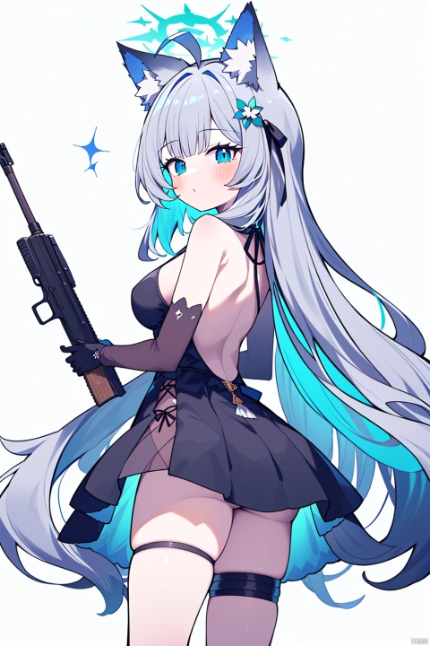  (best quality),(masterpiece),1girl, weapon, shiroko \(blue archive\), gun, solo, animal ears, breasts, long hair, halo, gloves, assault rifle, rifle, extra ears, black gloves, blue eyes, sig sauer, looking at viewer, v, long sleeves, hair ornament, grey hair, wolf ears, animal ear fluff, very long hair, large breasts, from side, ahoge, black dress, thigh strap, backless outfit, dress, cosplay