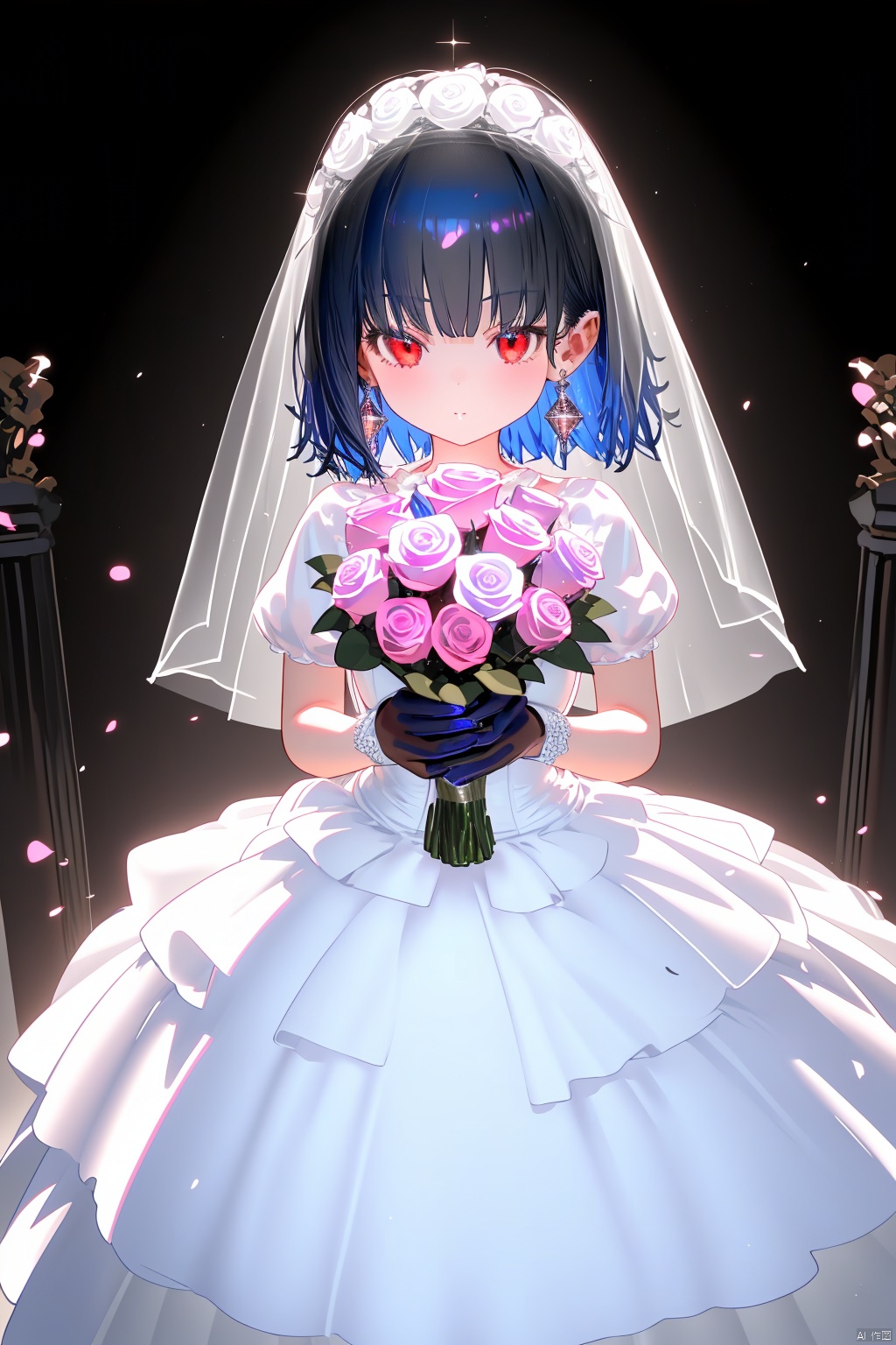  1girl, solo, best quality, detailed, looking at viewer, holding bouquet, red eyes, short hair, black hair, blue hair, breasts, black gloves, black dress, wedding dress, bridal veil, puffy sleeves, earrings, blue rose, white rose, black rose, pink rose, purple rose, light particles