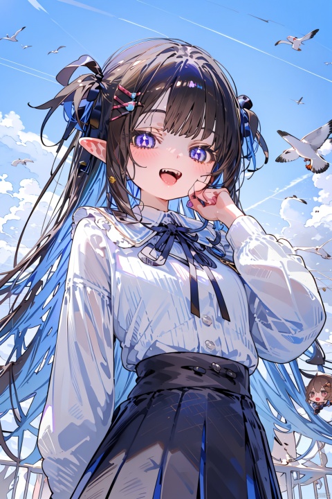 purple eyes, shirt, long hair, skirt, white shirt, pointy ears, long sleeves, smile, blue hair, black ribbon, looking at viewer, ribbon, black skirt, collared shirt, open mouth, bird, blush, hair ornament, very long hair, pleated skirt, teeth, neck ribbon, two side up, multiple girls, :d, purple nails, hand on own hip, hair ribbon, puffy long sleeves, nail polish, blue nails, puffy sleeves, blue sky, cloud, sharp teeth, sky, chibi, hand up, hand on own face, 1girl, hairclip, solo focus, brown hair, blue skirt