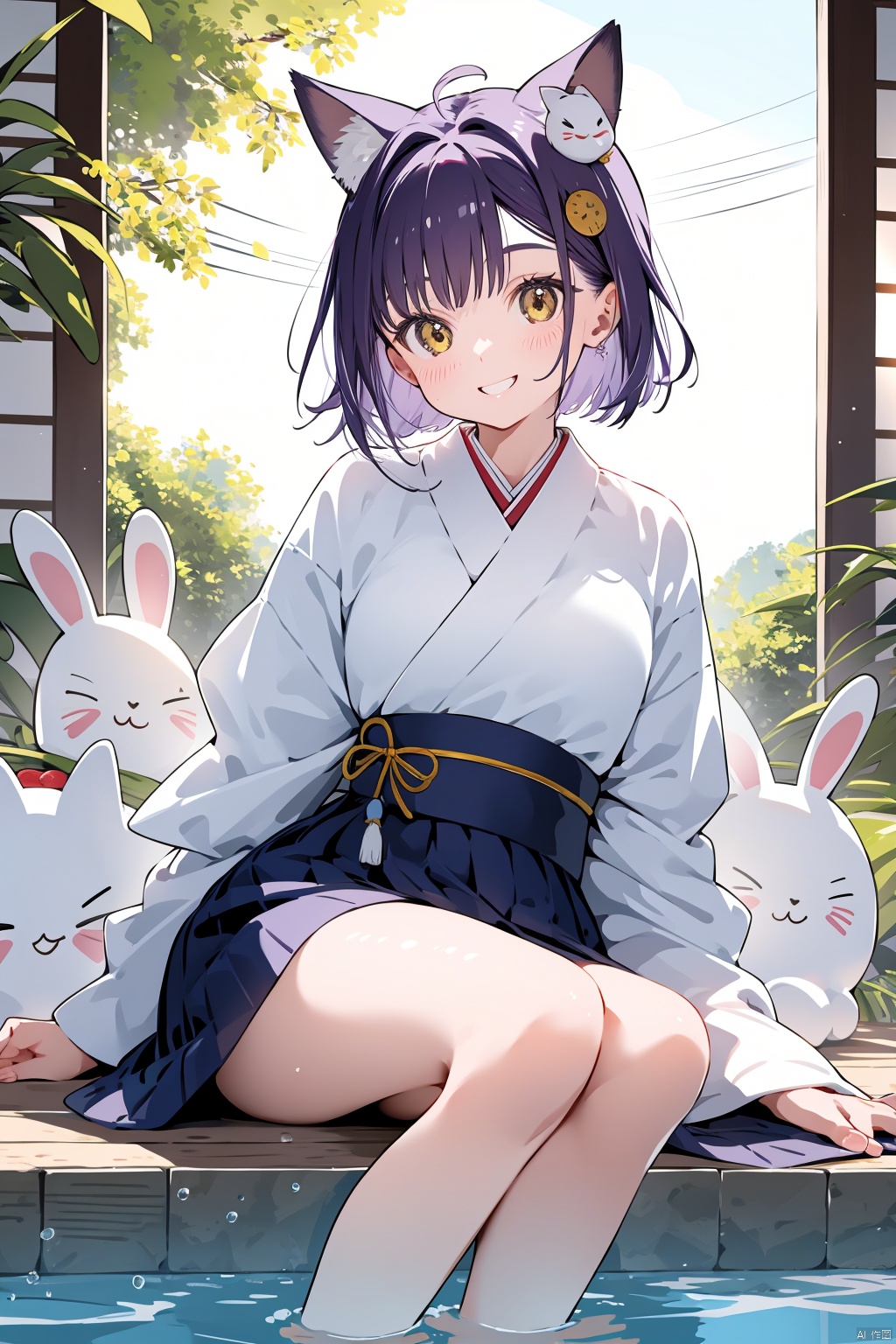 girl, hair_over_one_eye, soaking_feet, yellow_eyes, ahoge, solo, mask, short_hair, stuffed_toy, purple_hair, looking_at_viewer, hair_ornament, japanese_clothes, stuffed_animal, fox_mask, water, sitting, mask_on_head, stuffed_bunny, smile, blush