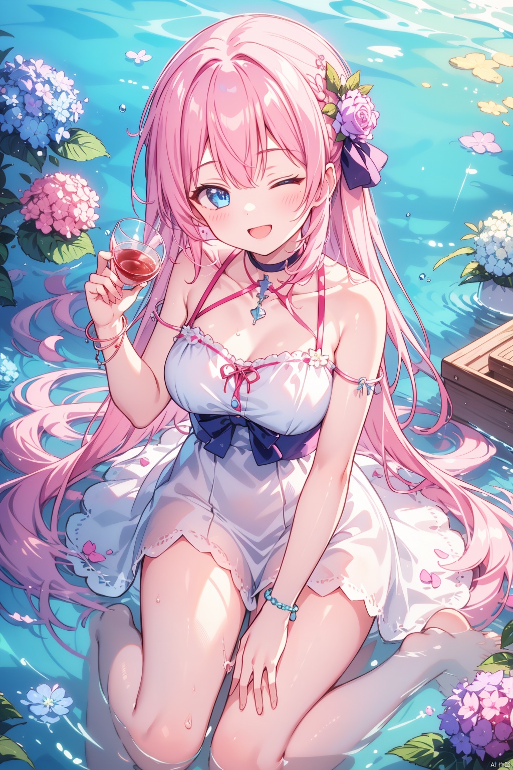  1girl, solo, pseudo impasto, best quality, aesthetic, detailed, looking at viewer, smile, open mouth, blue eyes, one eye closed, long hair, pink hair, bangs, breasts, barefoot, dress, bare shoulders, red ribbon, wrist ribbon, bracelet, choker, in cup, partially submerged, purple rose, hydrangea, blue rose