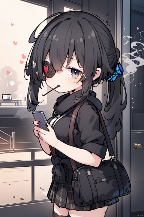  1girl, solo, best quality, detailed, looking at viewer, holding, black eyes, eyepatch, black hair, twintails, hair ornament, breasts, skirt, thighhighs, fishnets, black nails, nail polish, smoke, handbag, heart, phone, butterfly, beetle, dragonfly, spider, airplane, crab