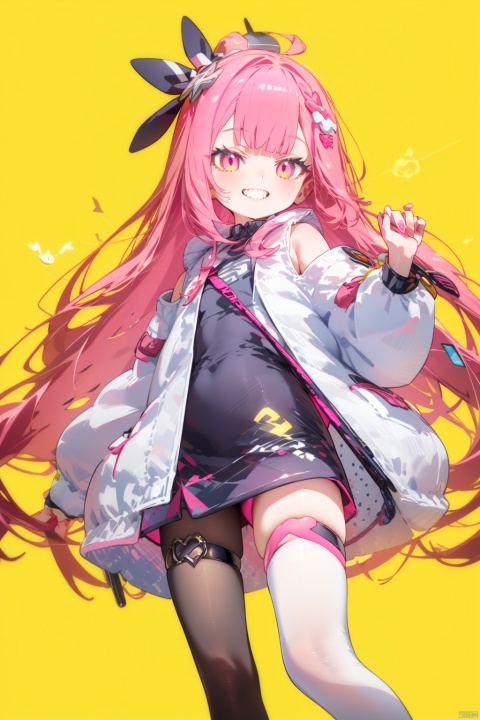  1girl, iono \(pokemon\), solo, best quality, vivid color, yellow background, grin, sharp teeth, pink eyes, character hair ornament, pink hair, long hair, bow-shaped hair, two-tone hair, single leg pantyhose, thigh strap, yellow jacket, oversized clothes, grey pantyhose, sleeveless shirt, sleeves past fingers, very long sleeves