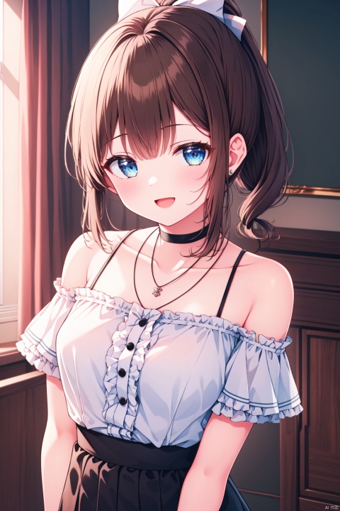  (masterpiece),(best quality),1girl, solo, skirt, blue eyes, smile, brown hair, looking at viewer, shirt, ponytail, white shirt, black skirt, blush, choker, bangs, long hair, short sleeves, open mouth, jewelry, frills, collarbone, hand up, bow, off shoulder, hair bow, black choker, bare shoulders, :d, white bow, breasts, necklace, frilled shirt, off-shoulder shirt